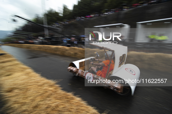 Soapbox cars and teams take part in the Red Bull Balineras race, a soapbox race that returns after 12 years, in Bogota, Colombia, on Septemb...