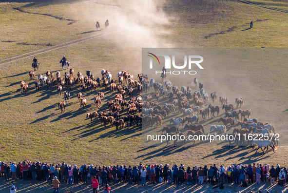 Tourists watch a Ten Thousand Steeds Gallop performance at Ulan Butong Grassland in Chifeng, China, on September 25, 2024. 