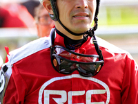 Jockey Eswan Flores returns from the track following the sixth race at Woodbine Racetrack in Toronto, Canada, on September 29, 2024. (