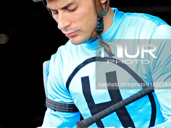 Jockey Sahin Civaci leaves the paddock on War Strategy ahead of a win in the seventh race at Woodbine Racetrack in Toronto, Canada, on Septe...