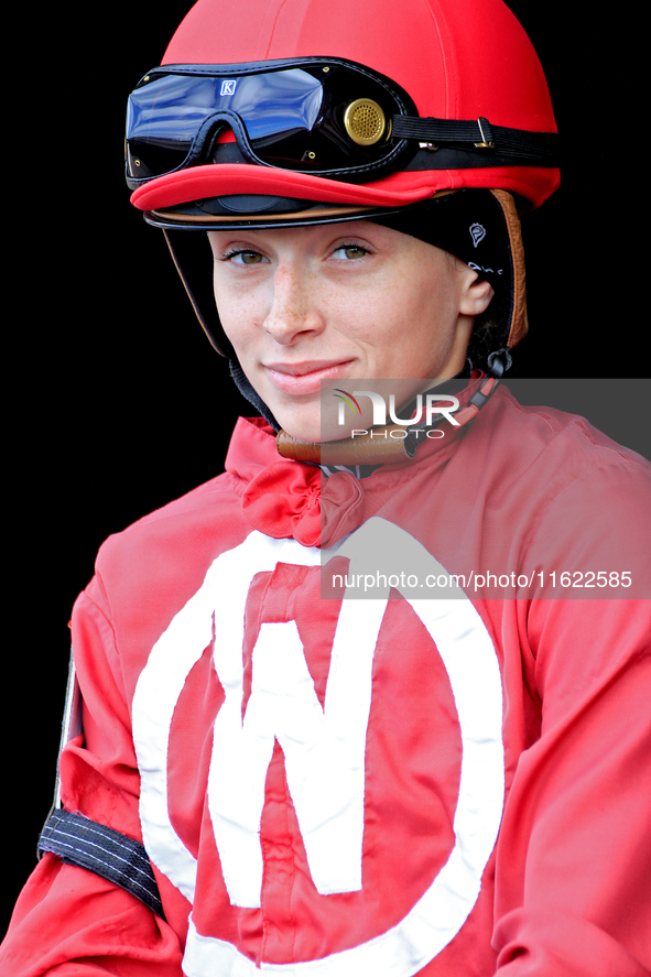 Jockey Sofia Vives leaves the paddock ahead of the seventh race at Woodbine Racetrack in Toronto, Canada, on September 29, 2024. 