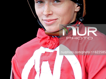 Jockey Sofia Vives leaves the paddock ahead of the seventh race at Woodbine Racetrack in Toronto, Canada, on September 29, 2024. (