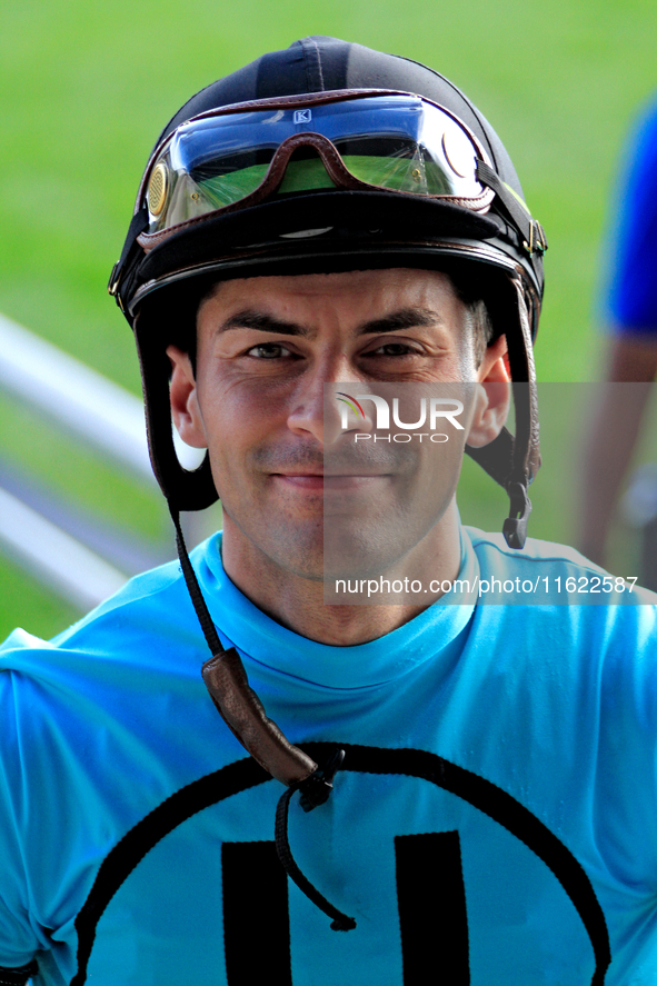 Jockey Sahin Civaci leaves the track after a win on War Strategy in the seventh race at Woodbine Racetrack in Toronto, Canada, on September...