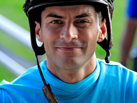 Jockey Sahin Civaci leaves the track after a win on War Strategy in the seventh race at Woodbine Racetrack in Toronto, Canada, on September...