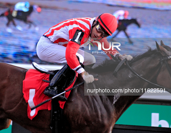 Jockey Sahin Civaci looks over at competitors while riding Giant Teddy to a win in the eighth race at Woodbine Racetrack in Toronto, Canada,...