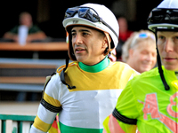 Jockey Rafael Hernandez enters the walking ring ahead of the 134th running of the $400,000 Breeders' Stakes, the third race of the OLG Canad...