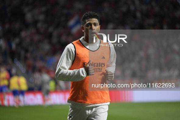 Real Madrid's midfielder Jude Bellingham before the Spanish league football match between Club Atletico de Madrid and Real Madrid CF at the...