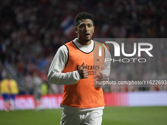 Real Madrid's midfielder Jude Bellingham before the Spanish league football match between Club Atletico de Madrid and Real Madrid CF at the...