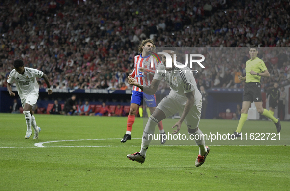 Eder Militao of Real Madrid CF celebrates his goal during the match between Atletico de Madrid and Real Madrid at Estadio Civitas Metropolit...