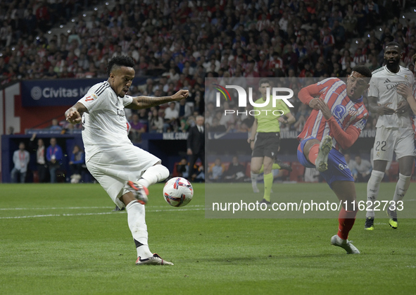 Eder Gabriel Militao of Real Madrid scores the first goal during the match between Atletico de Madrid and Real Madrid at Estadio Civitas Met...