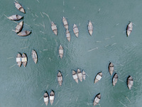 An aerial view shows boatmen navigating their vessel across the Shitalakshya River, carrying passengers from Bandar Ghat in Narayanganj, Ban...