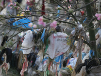 Plastics remain entangled in the branches of a tree along the embankments of the Bagmati River in Kathmandu, Nepal, on September 29, 2024. N...