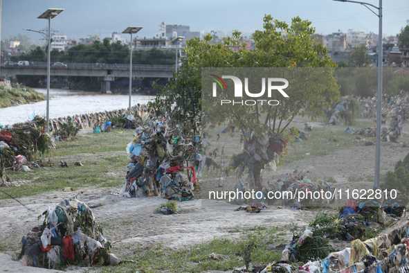 Plastics remain entangled in the branches of trees and infrastructures along the embankments of the Bagmati River in Kathmandu, Nepal, on Se...