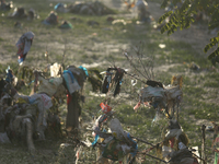 Plastics remain entangled in the branches of trees and infrastructures along the embankments of the Bagmati River in Kathmandu, Nepal, on Se...