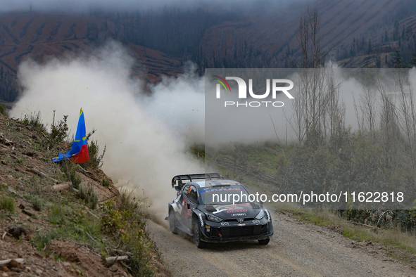 Driver Kalle Rovanpera and co-driver Jonne Halttunen of the team Toyota Gazoo Racing WRT drive the Toyota GR Yaris Rally1 Hybrid. They face...