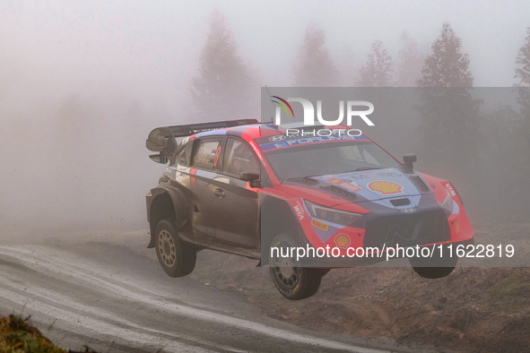 Driver Ott Tanak and co-driver Martin Jarveoja of the Hyundai Shell Mobis World Rally Team, in a Hyundai i20 N Rally1 Hybrid, face the third...