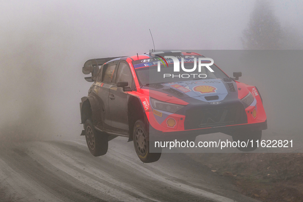 Driver Esapekka Lappi and co-driver Janne Ferm of the Hyundai Shell Mobis World Rally Team, in a Hyundai i20 N Rally1 Hybrid, face the third...