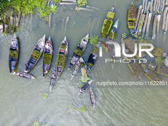 An aerial view shows traders selling fruits and vegetables from boats at Boithakata floating market on the Belua River in Pirojpur, Barisal,...