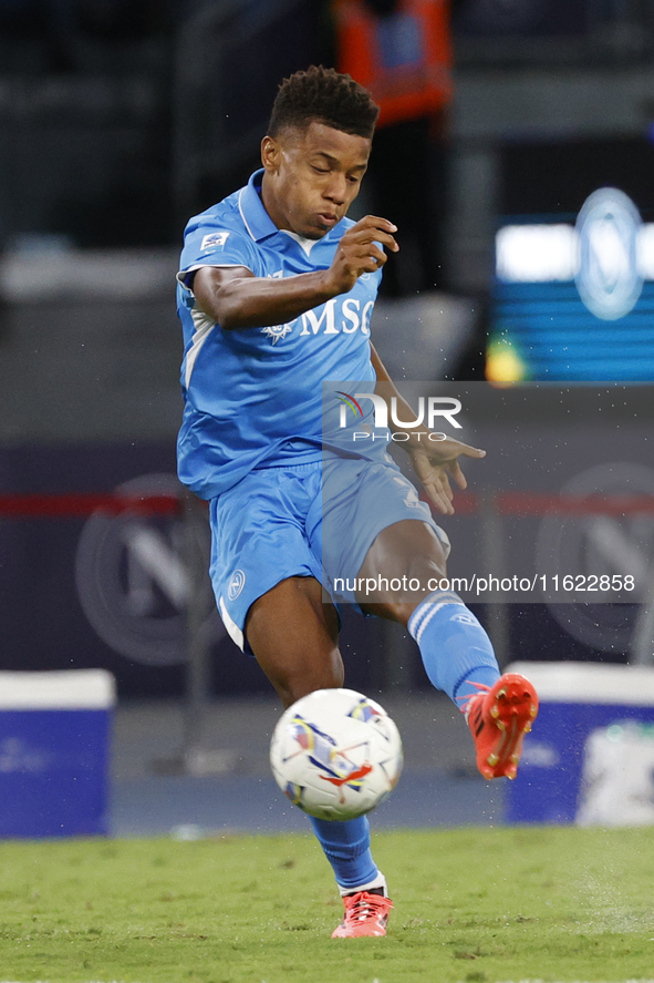 Napoli's David Neres kicks the ball during the Serie A soccer match between SSC Napoli and Monza at Stadio Maradona in Naples, Italy, on Sep...