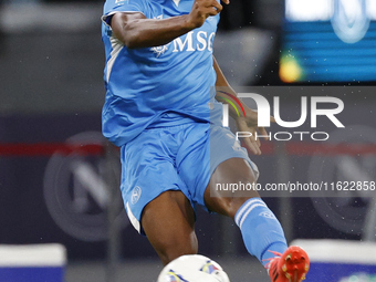 Napoli's David Neres kicks the ball during the Serie A soccer match between SSC Napoli and Monza at Stadio Maradona in Naples, Italy, on Sep...