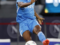 Napoli's David Neres kicks the ball during the Serie A soccer match between SSC Napoli and Monza at Stadio Maradona in Naples, Italy, on Sep...