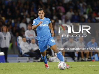 Napoli's Giacomo Raspadori controls the ball during the Serie A soccer match between SSC Napoli and Monza at Stadio Maradona in Naples, Ital...