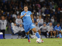 Napoli's Giacomo Raspadori controls the ball during the Serie A soccer match between SSC Napoli and Monza at Stadio Maradona in Naples, Ital...