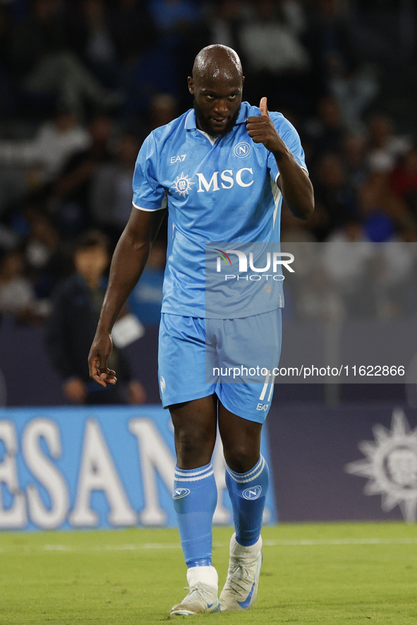 Napoli's Romelu Lukaku reacts during the Serie A soccer match between SSC Napoli and Monza at Stadio Maradona in Naples, Italy, on September...