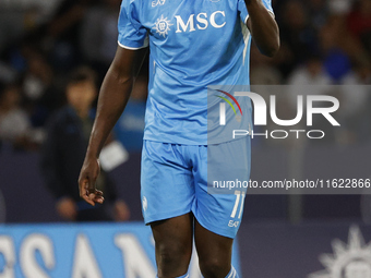 Napoli's Romelu Lukaku reacts during the Serie A soccer match between SSC Napoli and Monza at Stadio Maradona in Naples, Italy, on September...