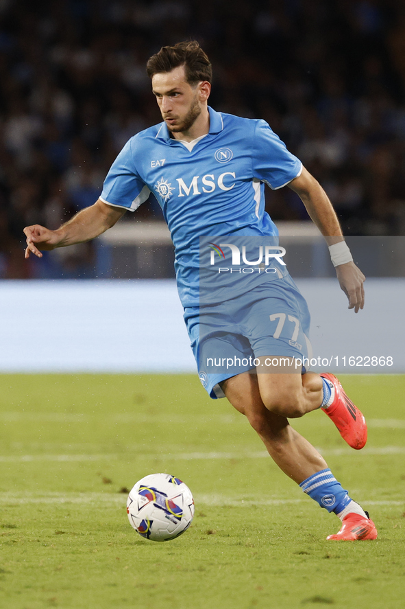 Napoli's Khvicha Kvaratskhelia controls the ball during the Serie A soccer match SSC Napoli vs. Monza at Stadio Maradona in Naples, Italy, o...