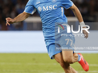 Napoli's Khvicha Kvaratskhelia controls the ball during the Serie A soccer match SSC Napoli vs. Monza at Stadio Maradona in Naples, Italy, o...