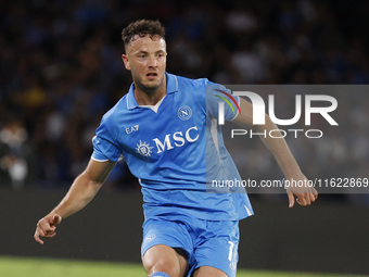 Napoli's Amir Rrahmani controls the ball during the Serie A soccer match SSC Napoli vs. Monza at Stadio Maradona in Naples, Italy, on Septem...