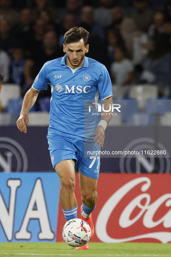 Napoli's Khvicha Kvaratskhelia controls the ball during the Serie A soccer match SSC Napoli vs. Monza at Stadio Maradona in Naples, Italy, o...