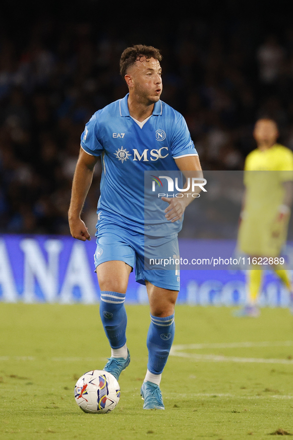 Napoli's Amir Rrahmani controls the ball during the Serie A soccer match SSC Napoli vs. Monza at Stadio Maradona in Naples, Italy, on Septem...