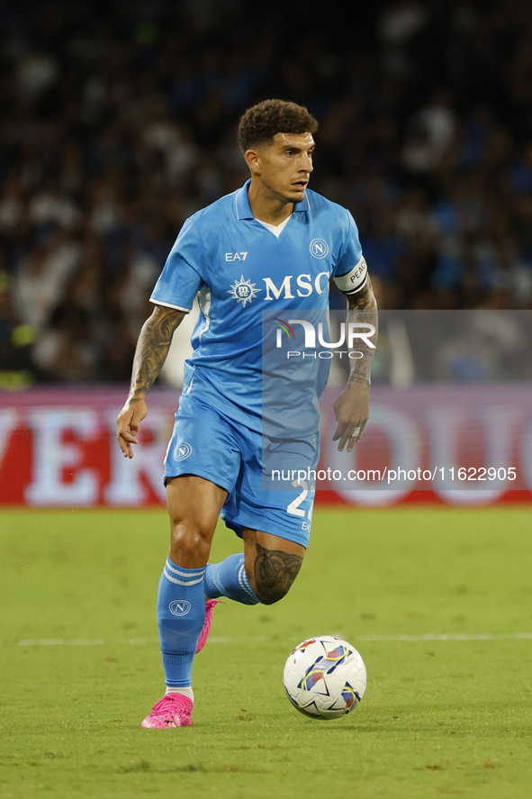 Napoli's Giovanni Di Lorenzo controls the ball during the Serie A soccer match SSC Napoli vs. Monza at Stadio Maradona in Naples, Italy, on...