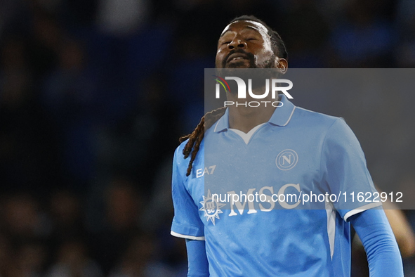 Frank Zambo Anguissa reacts during the Serie A soccer match between SSC Napoli and Monza at Stadio Maradona in Naples, Italy, on September 2...