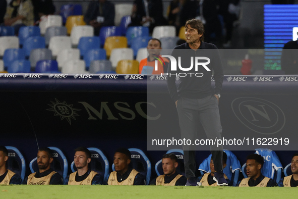 Antonio Conte, coach of Napoli, looks on during the Serie A soccer match between SSC Napoli and Monza at Stadio Maradona in Naples, Italy, o...