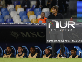 Antonio Conte, coach of Napoli, looks on during the Serie A soccer match between SSC Napoli and Monza at Stadio Maradona in Naples, Italy, o...