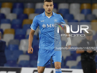 Napoli's Alessandro Buongiorno controls the ball during the Serie A soccer match between SSC Napoli and Monza at Stadio Maradona in Naples,...