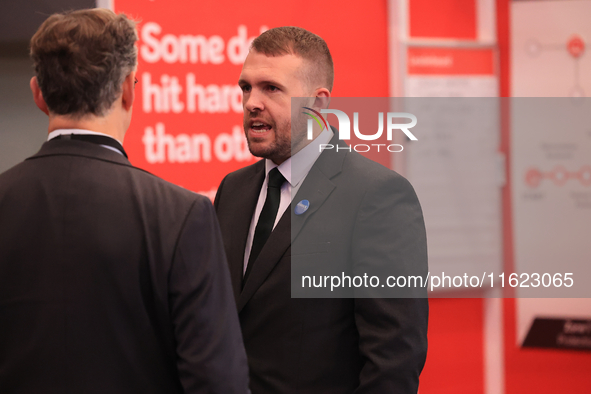 Jonathan Gullis talks to Channel 4 correspondent Gary Gibbon at the Conservative Party Conference at the International Conference Centre in...