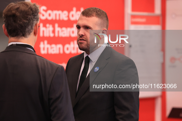 Jonathan Gullis talks to Channel 4 correspondent Gary Gibbon at the Conservative Party Conference at the International Conference Centre in...