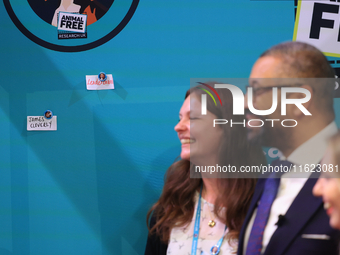 James Cleverly MP and his wife Susannah Cleverly talk to Animal Free Research UK at the Conservative Party Conference at the International C...