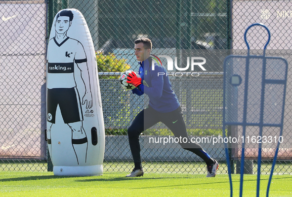 Inaki Pena trains with FC Barcelona at the Joan Gamper sports city in Barcelona, Spain, on September 30, 2024, prior to the Champions League...