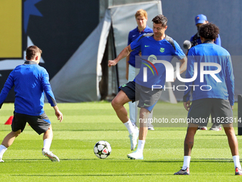 Robert Lewandowski trains with FC Barcelona at the Joan Gamper sports city before the Champions League match against Young Boys in Barcelona...