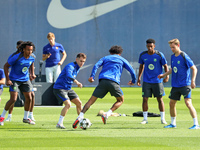 Jules Kounde, Marc Casado, Raphinha Dias, Alejandro Balde, and Frenkie de Jong train at the Joan Gamper sports city, prior to the Champions...