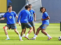 Jules Kounde, Ansu Fati, Raphinha Dias, and Robert Lewandowski train during an FC Barcelona session at the Joan Gamper sports city, prior to...