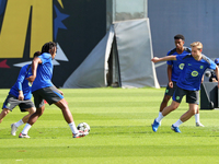 Frenkie de Jong and Jules Kounde train at the Joan Gamper sports city before the Champions League match against Young Boys in Barcelona, Spa...