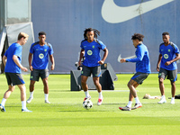 Frenkie de Jong, Alejandro Balde, Jules Kounde, Raphinha Dias, and Ansu Fati train at the Joan Gamper sports city before the Champions Leagu...