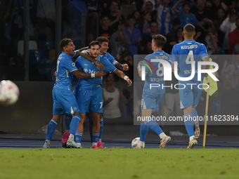 Khvicha Kvaratskhelia of SSC Napoli celebrates with team mates after scoring during the Serie A match between SSC Napoli and AC Monza at Sta...