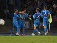 Khvicha Kvaratskhelia of SSC Napoli celebrates with team mates after scoring during the Serie A match between SSC Napoli and AC Monza at Sta...